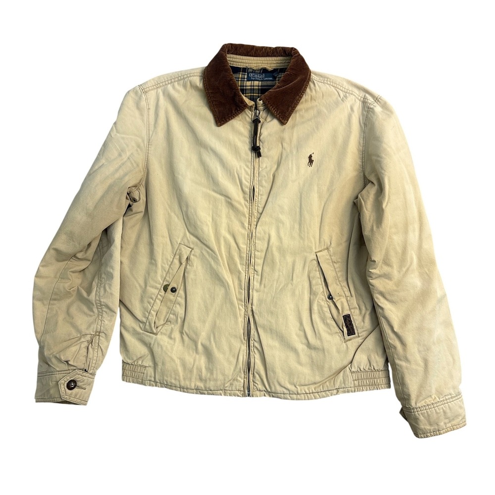 Polo Ralph Lauren Mens Harrington Jacket Tan Beige Corduroy Collar Plaid Lined M